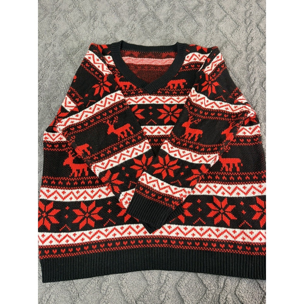 Ugly Christmas Sweater Womens Red Black Reindeer Plaid Knit Sweater L